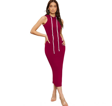 Women's Knitting stretchable Solid Round Neck Sleeveless Dress (Maroon)