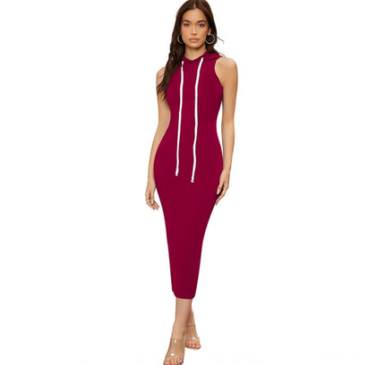 Women's Knitting stretchable Solid Round Neck Sleeveless Dress (Maroon)