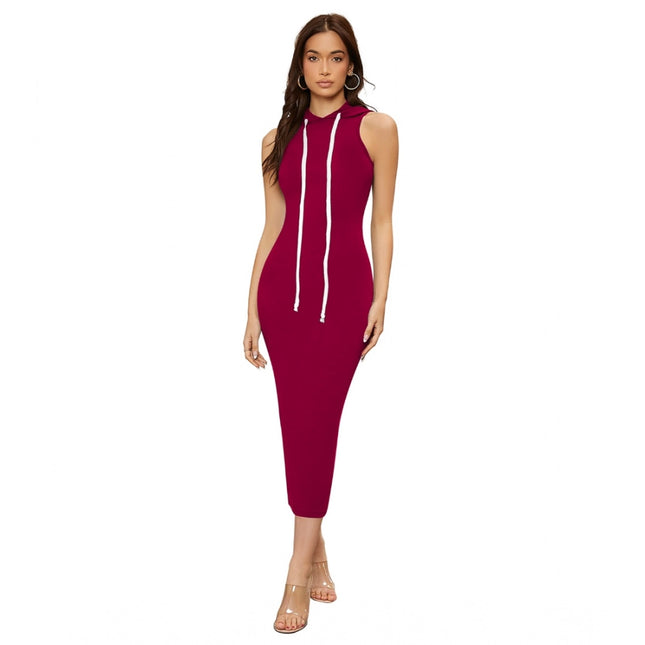 Women's Knitting stretchable Solid Round Neck Sleeveless Dress (Maroon)