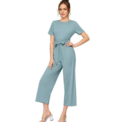 Women's Knitting stretchable Solid Round Neck Cap Sleeve Jumpsuit (Pista )