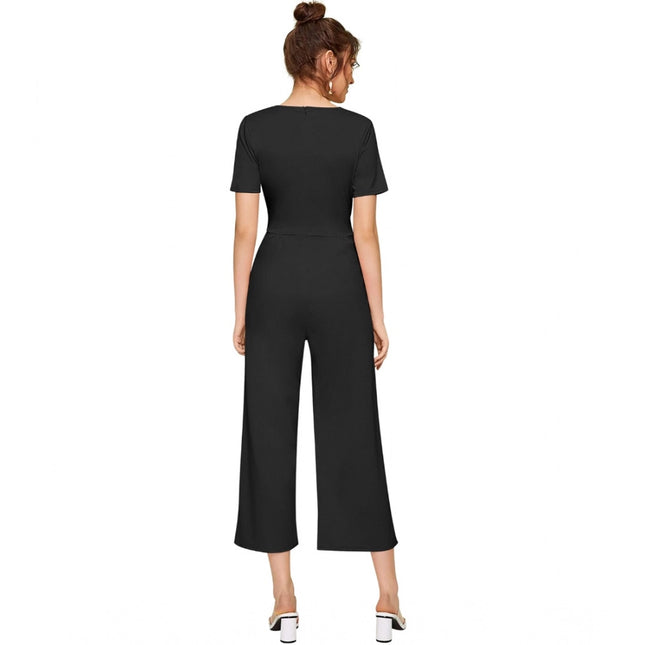 Women's Knitting stretchable Solid Round Neck Cap Sleeve Jumpsuit (Black)