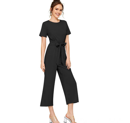 Women's Knitting stretchable Solid Round Neck Cap Sleeve Jumpsuit (Black)