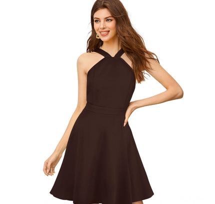 Women's Knitting stretchable Solid Halter Neck Sleeveless Dress (Coffee)