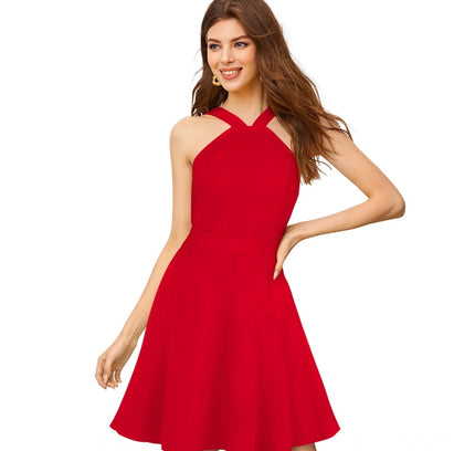 Women's Knitting stretchable Solid Halter Neck Sleeveless Dress (Red )