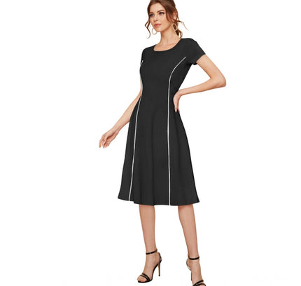 Women's Knitting stretchable Solid Round Neck Cap Sleeve Dress (Black)