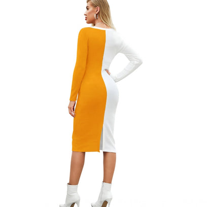 Women's Knitting stretchable Solid Round Neck Full Sleeve Dress (Yellow)