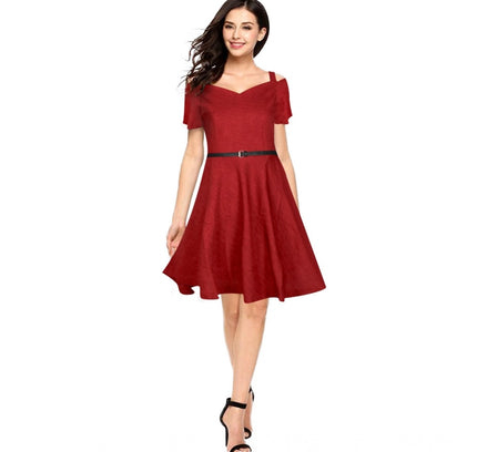Women's Polyester Solid V Neck Cap Sleeve Dress (Maroon)