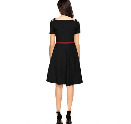 Women's Polyester Solid V Neck Cap Sleeve Dress (Black)