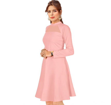 Women's Knitting stretchable Solid Round Neck Full Sleeve Dress (Peach)