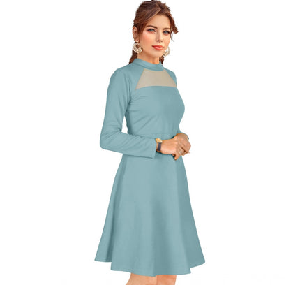 Women's Knitting stretchable Solid Round Neck Full Sleeve Dress (Pista)