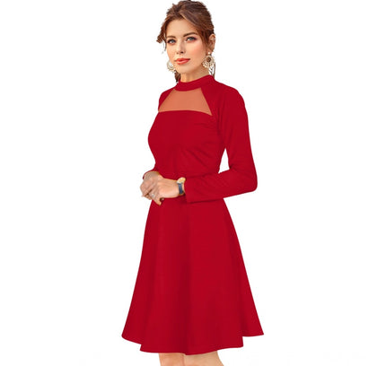Women's Knitting stretchable Solid Round Neck Full Sleeve Dress (Red)
