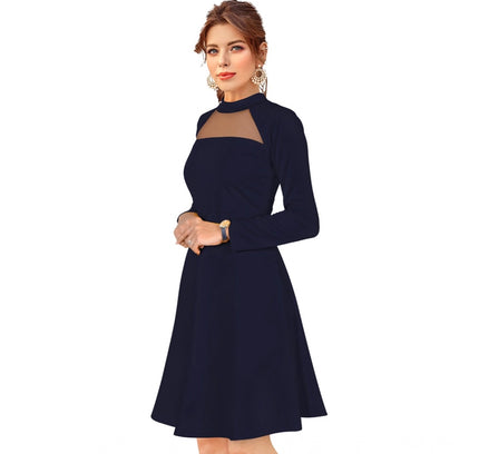 Women's Knitting stretchable Solid Round Neck Full Sleeve Dress (Blue)