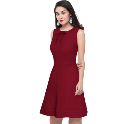 Women's Polyester Solid Round Neck Sleeveless Dress (Maroon)