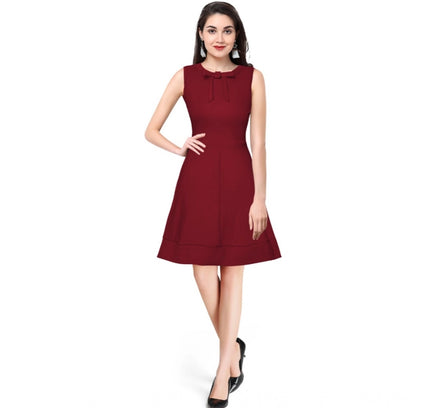 Women's Polyester Solid Round Neck Sleeveless Dress (Maroon)