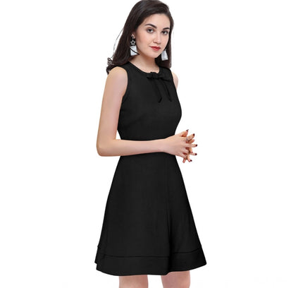 Women's Polyester Solid Round Neck Sleeveless Dress (Black)