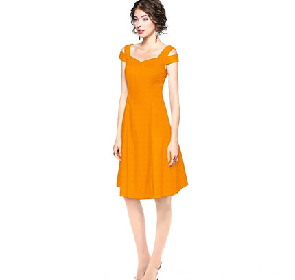 Women's Polyester Solid V Neck Cap Sleeve off Shoulder Dress (Yellow)
