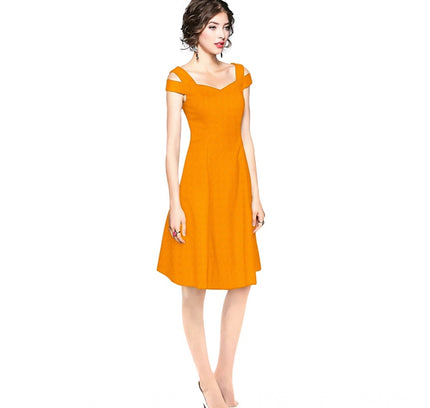 Women's Polyester Solid V Neck Cap Sleeve off Shoulder Dress (Yellow)