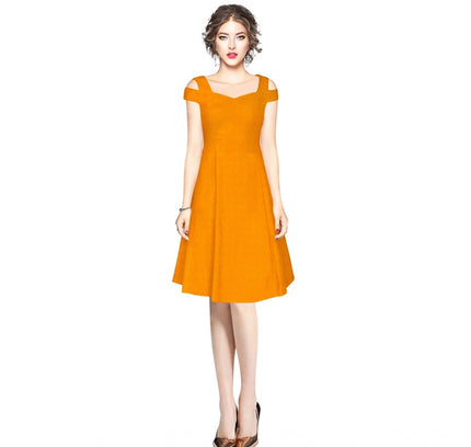 Women's Polyester Solid V Neck Cap Sleeve off Shoulder Dress (Yellow)