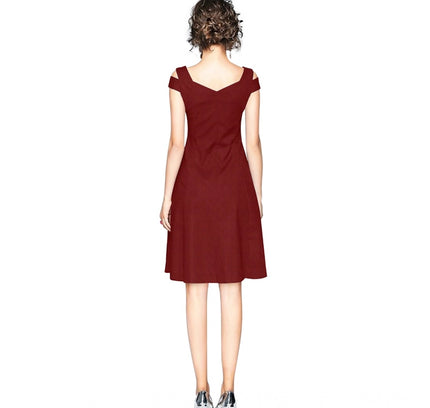 Women's Polyester Solid V Neck Cap Sleeve off Shoulder Dress (Maroon)