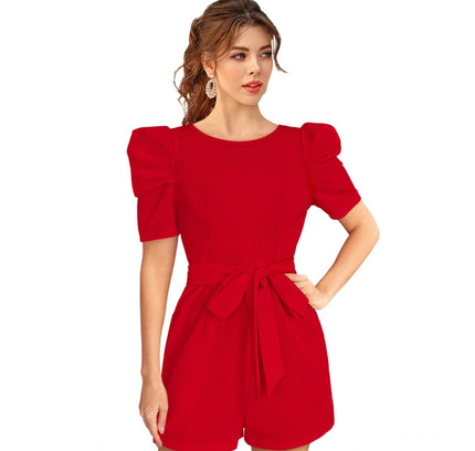 Women's Knitting stretchable Solid Round Neck 3-4 Puff Sleeve Dress (Red )