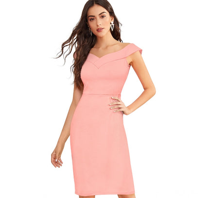 Women's Knitting stretchable Solid Round Neck Sleeveless Dress (Peach)