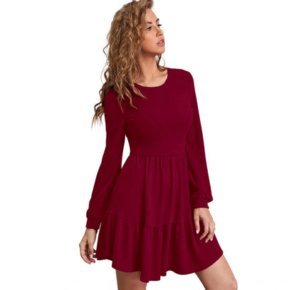 Women's Knitting stretchable Solid Round Neck Full Sleeve Dress (Maroon)