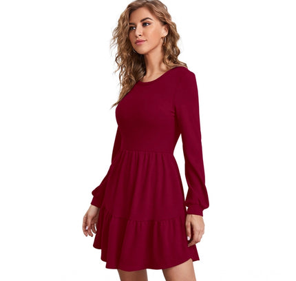 Women's Knitting stretchable Solid Round Neck Full Sleeve Dress (Maroon)