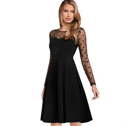 Women's Knitting stretchable Solid Round Neck Full Sleeve Dress (Black)