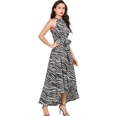 Women's Polyester Zebra Pattern Halter Neck Sleeveless Dress (White)