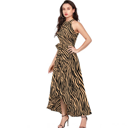 Women's Polyester Zebra Pattern Halter Neck Sleeveless Dress (Yellow)