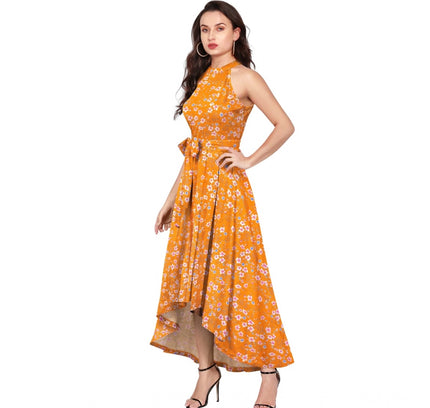 Women's Polyester Printed Halter Neck Sleeveless Dress (Yellow)