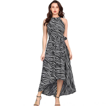 Women's Polyester Zebra Pattern Halter Neck Sleeveless Dress (Navy Blue)