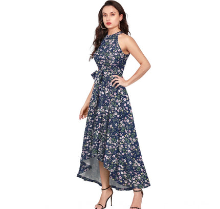 Women's Polyester Printed Halter Neck Sleeveless Dress (Blue)