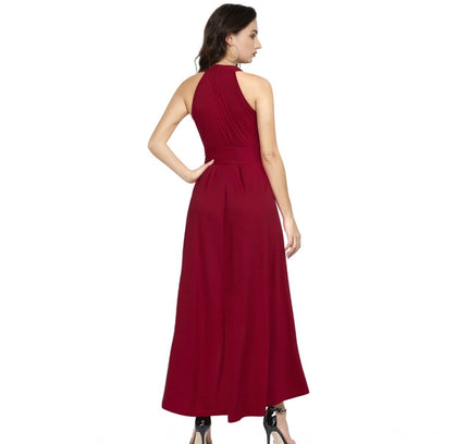 Women's Polyster Solid Halter Neck Sleeveless Dress (Maroon)