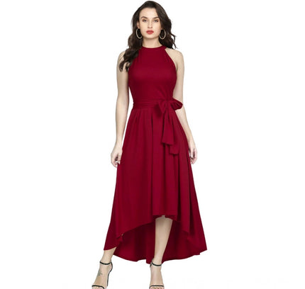 Women's Polyster Solid Halter Neck Sleeveless Dress (Maroon)