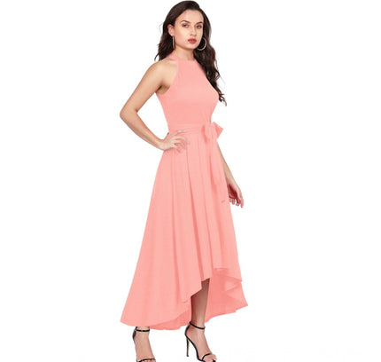 Women's Polyster Solid Halter Neck Sleeveless Dress (Peach)