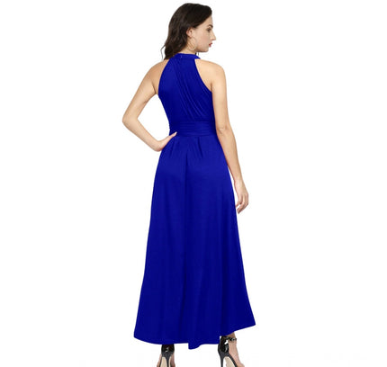 Women's Polyster Solid Halter Neck Sleeveless Dress (Royal Blue)