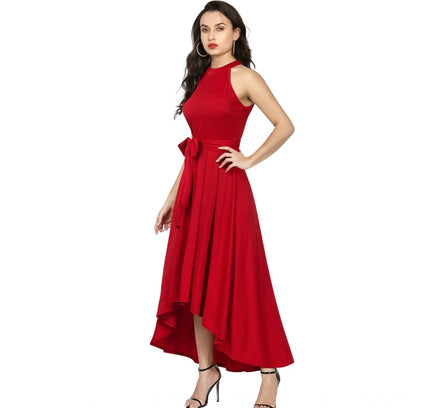 Women's Polyster Solid Halter Neck Sleeveless Dress (Red)