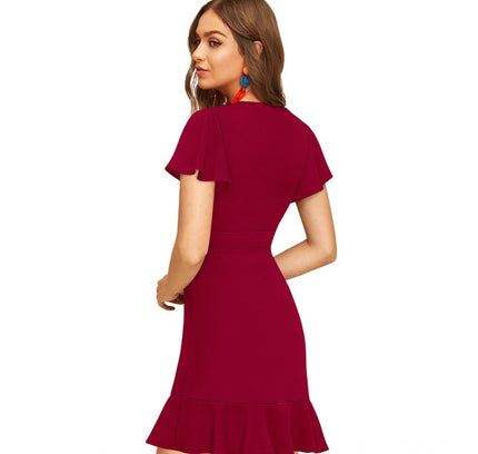 Women's Knitting stretchable Solid V Neck Flaired Sleeve Dress (Maroon )