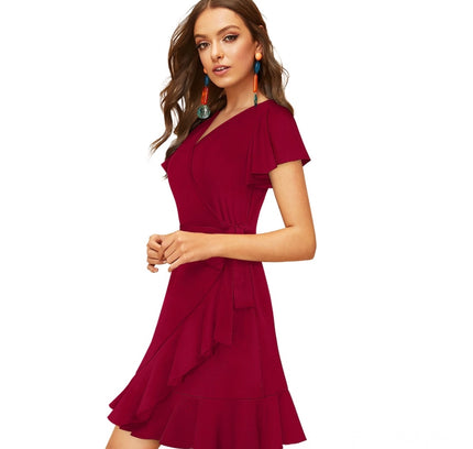 Women's Knitting stretchable Solid V Neck Flaired Sleeve Dress (Maroon )