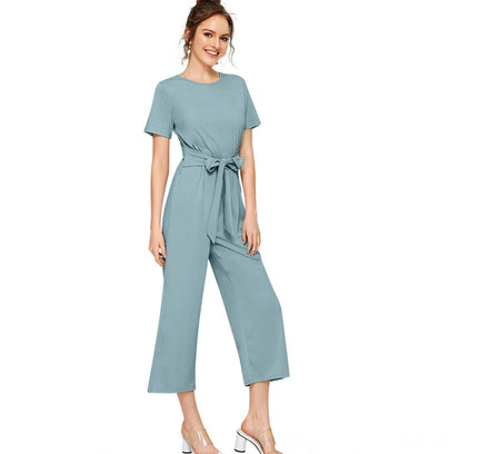 Women's Knitting stretchable Solid Round Neck Cap Sleeve Jumpsuit (Pista )