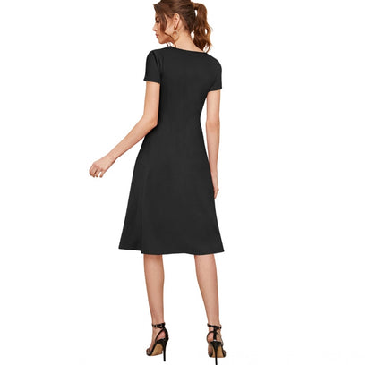 Women's Knitting stretchable Solid Round Neck Cap Sleeve Dress (Black)