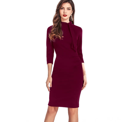 Women's Knitting stretchable Solid Round Neck 3-4th Dress (Maroon)