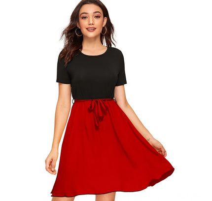 Women's Knitting stretchable Solid Round Neck Cap Sleeve Dress (Red)