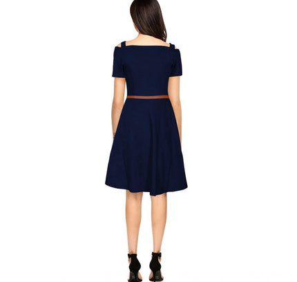 Women's Polyester Solid V Neck Cap Sleeve Dress (Blue)