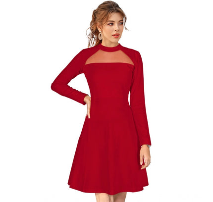 Women's Knitting stretchable Solid Round Neck Full Sleeve Dress (Red)