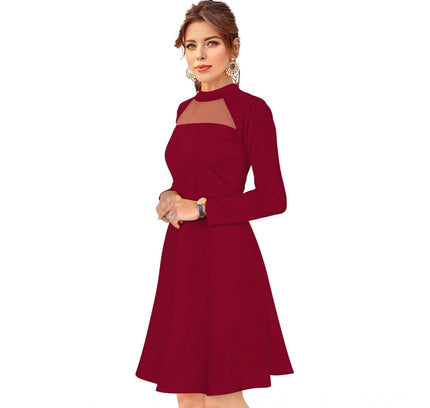 Women's Knitting stretchable Solid Round Neck Full Sleeve Dress (Maroon)