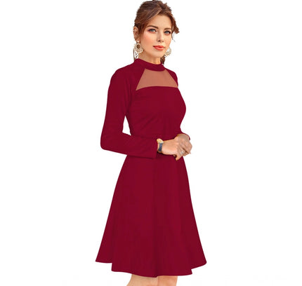 Women's Knitting stretchable Solid Round Neck Full Sleeve Dress (Maroon)