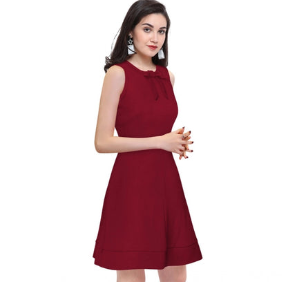 Women's Polyester Solid Round Neck Sleeveless Dress (Maroon)