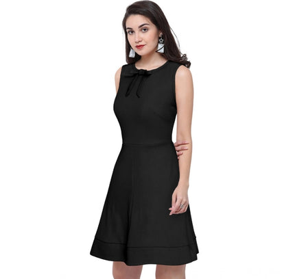 Women's Polyester Solid Round Neck Sleeveless Dress (Black)